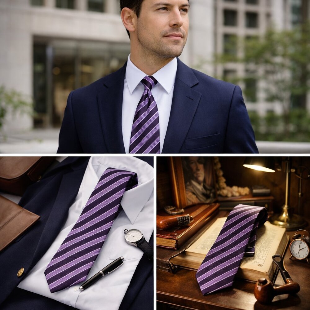 Kai Long Silk Tie Hand Made Purple Stripe Power Tie Classic Business Formal Tie